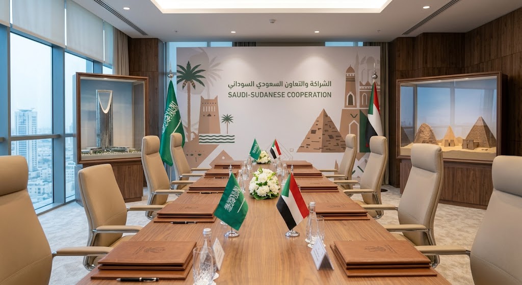 الشراكة والتعاون السعودي السوداني — قاعة اجتماعات بأعلام المملكة العربية السعودية وجمهورية السودان